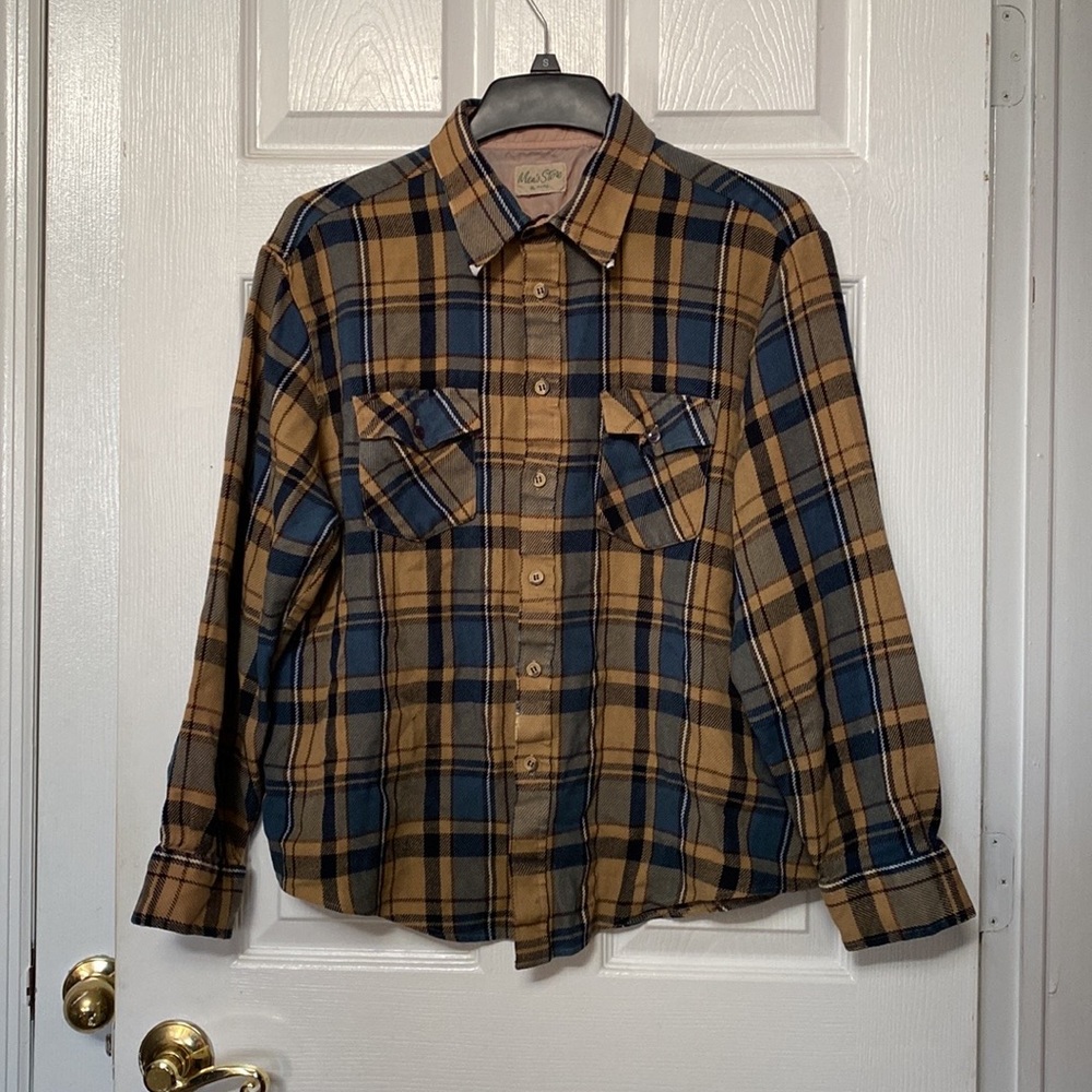 VTG 70’s Mens Store Brown Blue Plaid Print Work Shirt Button Down Long Shirt